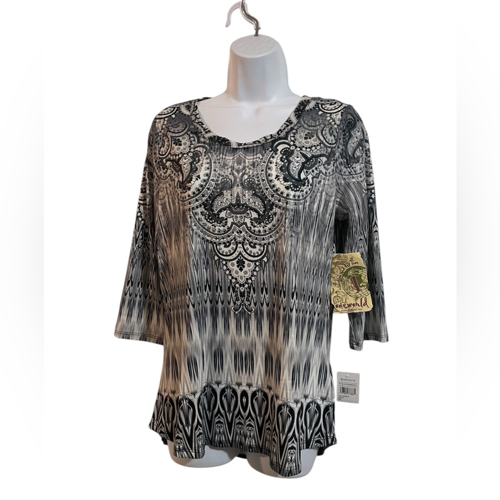 ONE WORLD Black and White Printed Scoop Neck Blouse